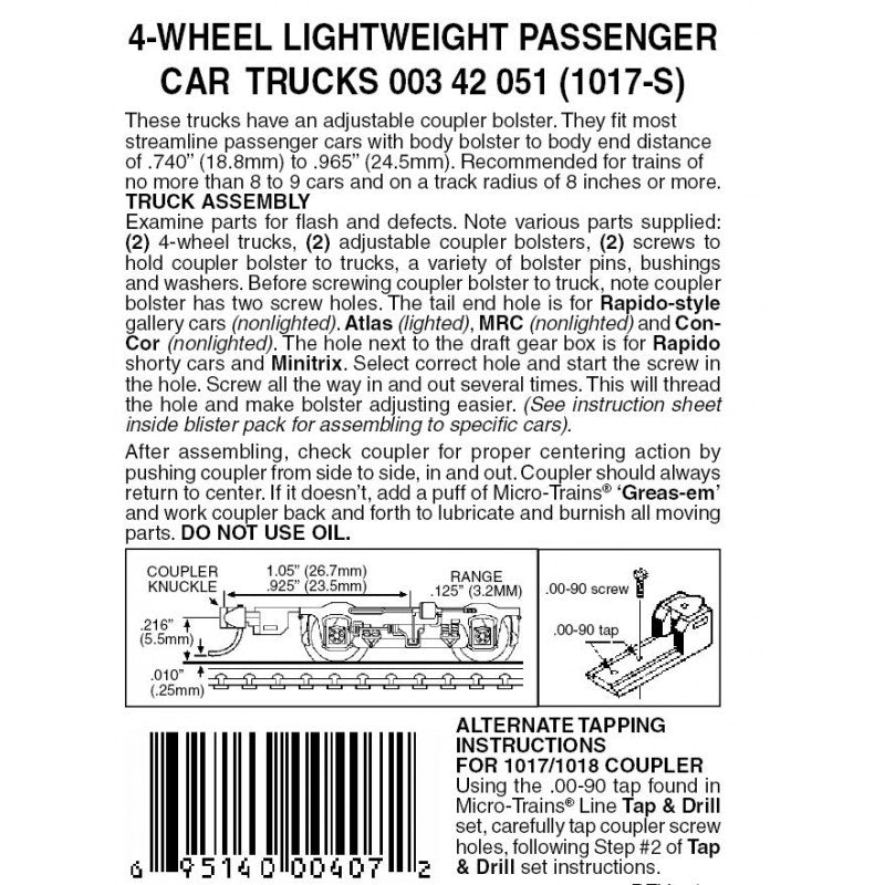 4-Wheel Passenger Car Trucks w/ adj.couplers Silver 1 pr (1017S)