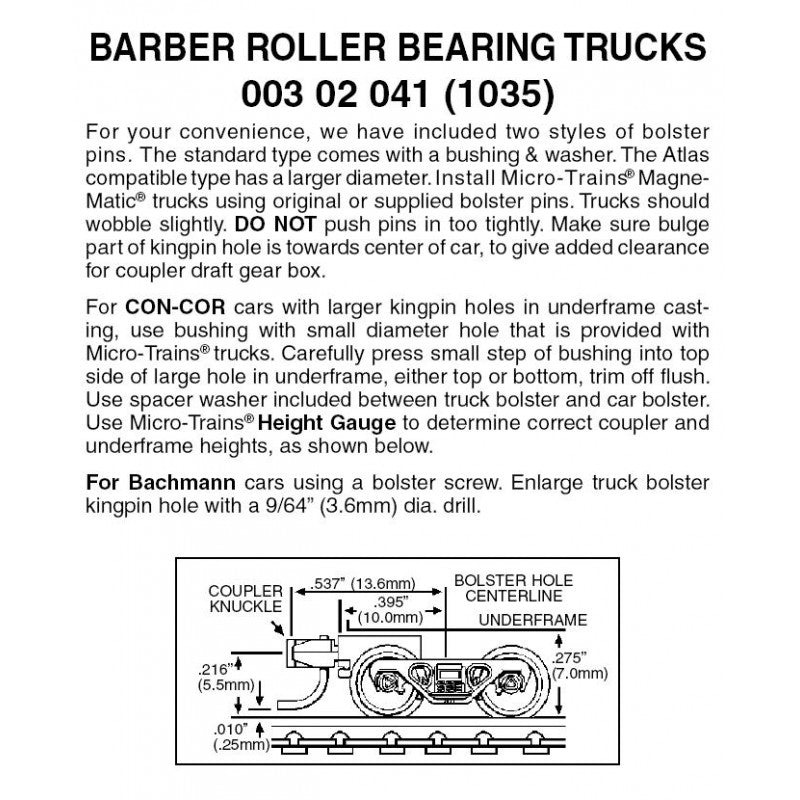 Barber Roller Bearing Trucks w/ short ext. couplers 1 pr. (1035) - N Scale