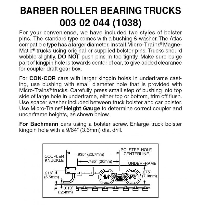 Barber Roller Bearing Trucks w/ long ext. couplers 1 pr (1038)