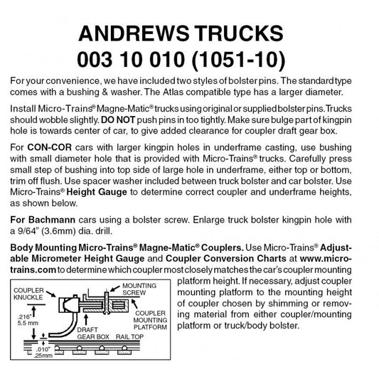 Andrews Trucks w/o couplers 10 pr (1051-10)