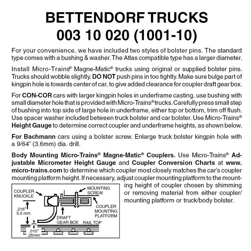 Bettendorf Trucks w/o couplers 10 pr (1001-10)