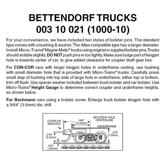 Bettendorf Trucks w/ short ext. couplers 10 pr (1000-10)