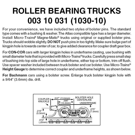 Roller Bearing Trucks w/ short ext. couplers 10pr (1030-10)