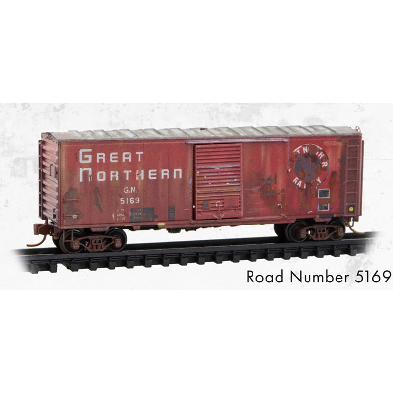 N SCALE MICRO-TRAINS 40' SINGLE DOOR BOX CAR WEATHERED GREAT NORTHERN #5169