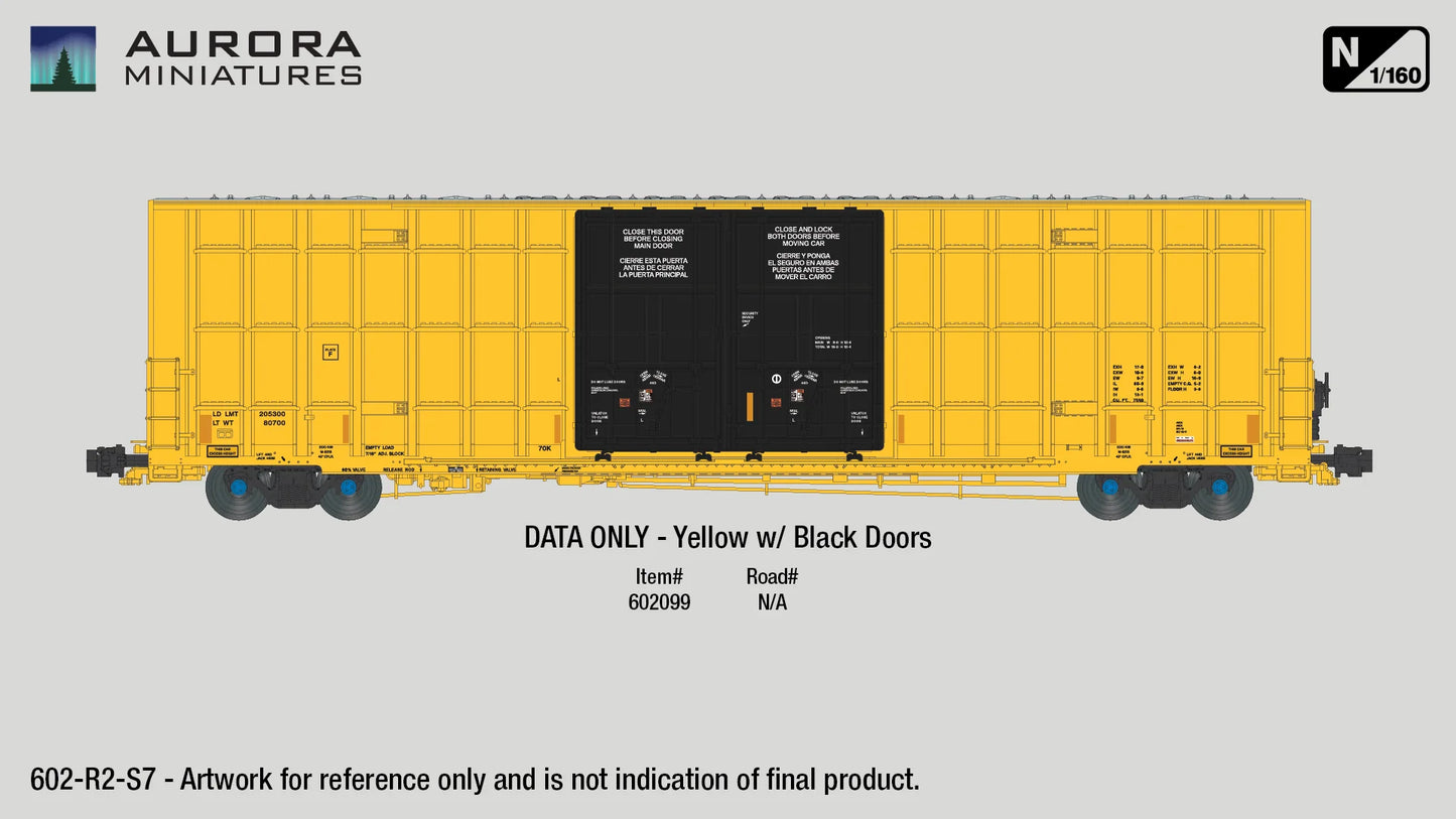 Greenbrier 7550 cf 60’ Plate F Boxcar (2nd Run) - DATA ONLY Yellow w/ Black Doors - N Scale
