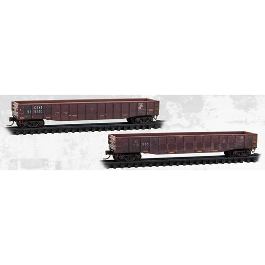 N SCALE MICRO-TRAINS 50' STEEL SIDE, 15 PANEL, FIXED END GONDOLA, FISHBELLY SIDES CSX/NORFOLK SOUTHERN FAMILY TREE & BEYOND WEATHERED 2-PACK #915510, #619560